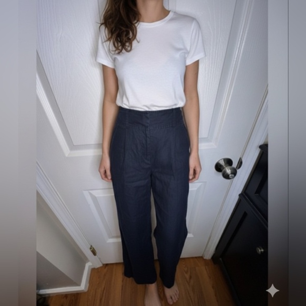 Chelsea 28 Women’s 0 Navy Blue Linen Wide Leg Crop Capri Trouser Dress Pants XXS